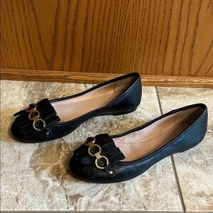 Kate Spade Black Leather Flats with Fringe & Gold Accents - Size 7